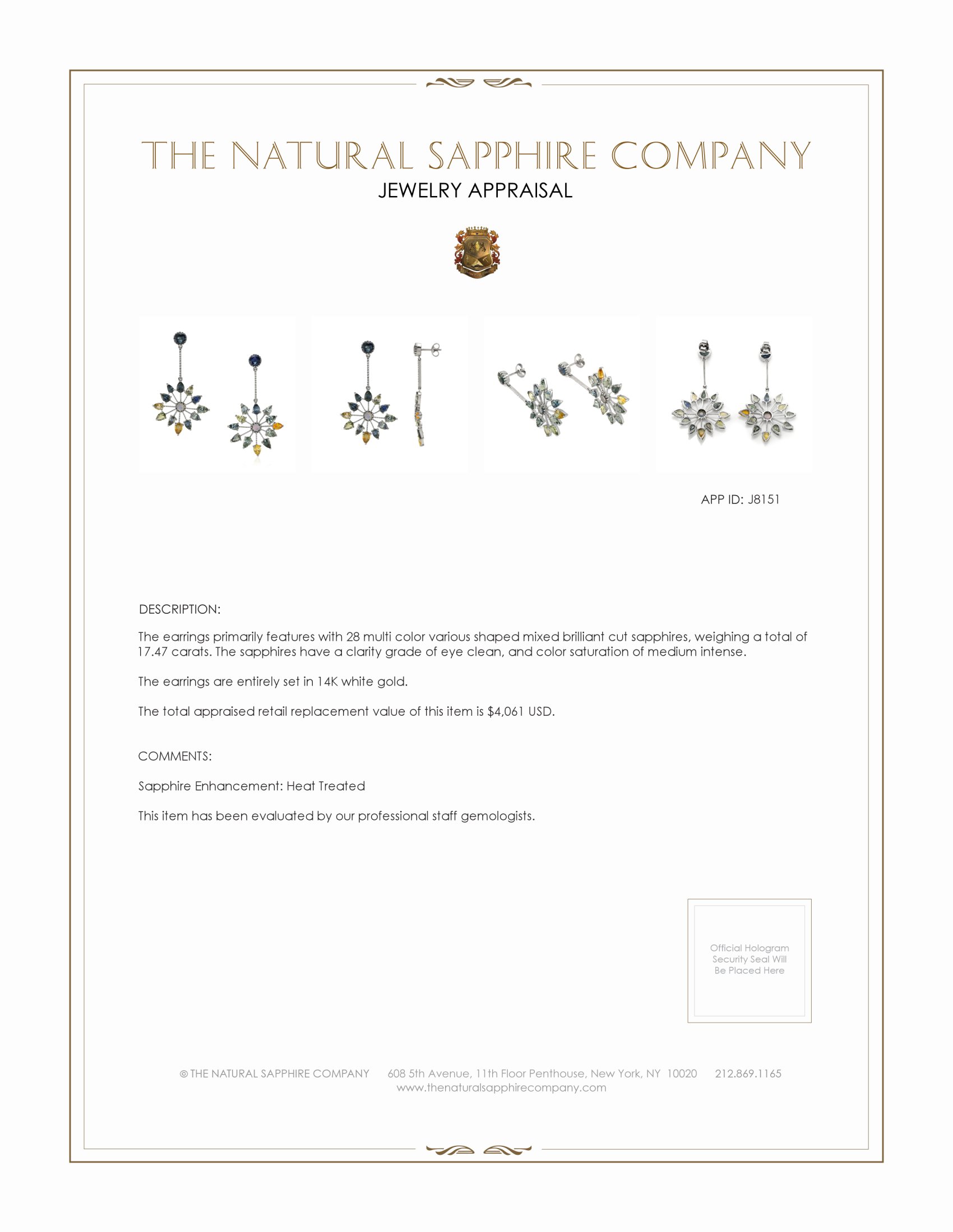 17.47 Ct.Tw. Multi Color Sapphire Accent Stones Earrings, 14K White Gold