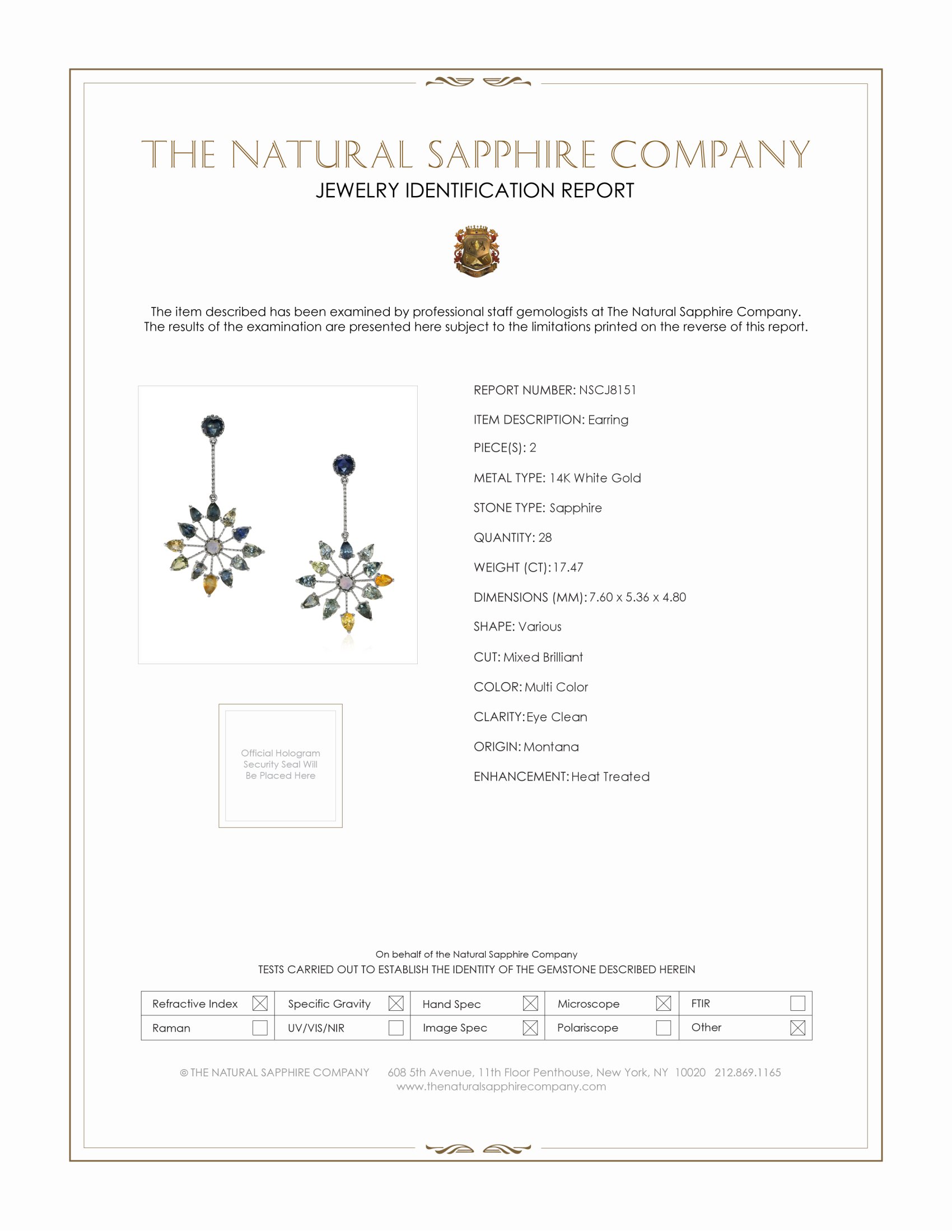 17.47 Ct.Tw. Multi Color Sapphire Accent Stones Earrings, 14K White Gold