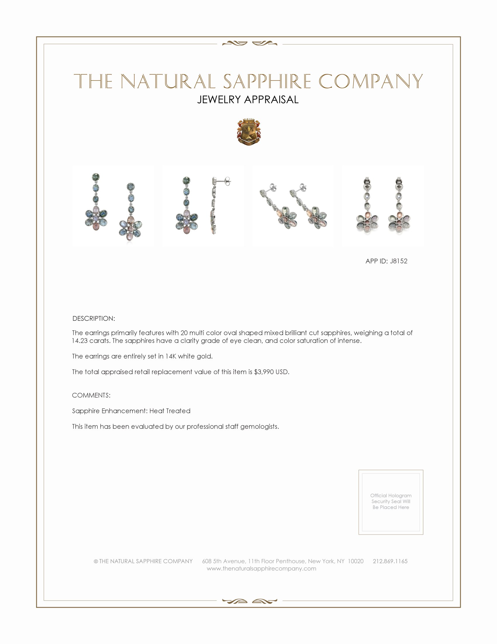 14.23 Ct.Tw. Multi Color Sapphire Antique Style Earrings, 14K White Gold