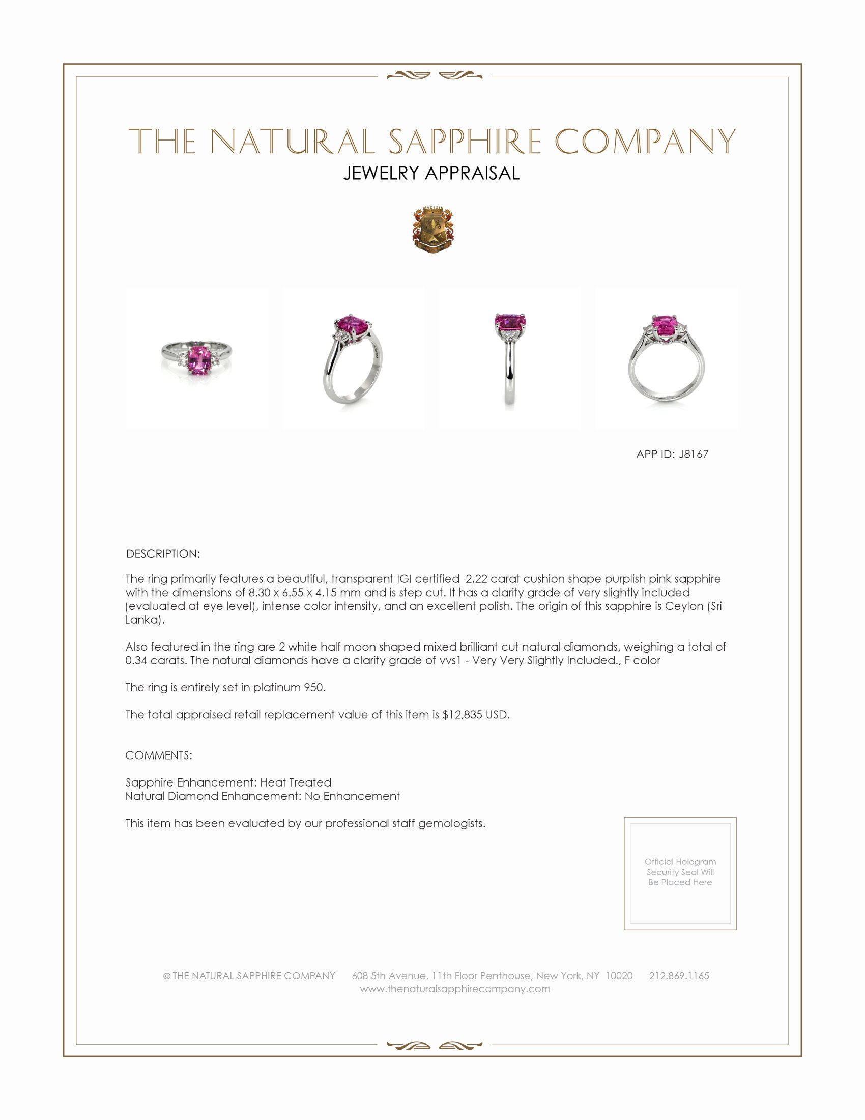 2.22 Ct. Purplish Pink Sapphire and Natural Diamond Three Stone Ring, Platinum 950