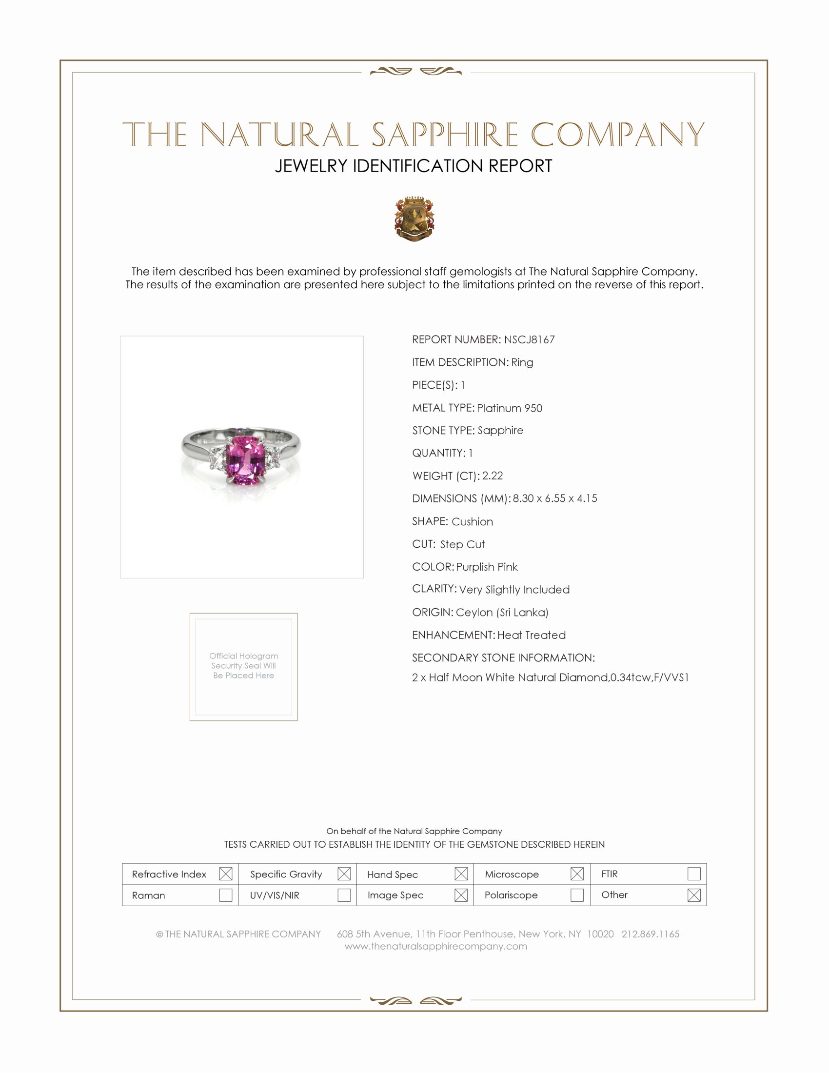 2.22 Ct. Purplish Pink Sapphire and Natural Diamond Three Stone Ring, Platinum 950