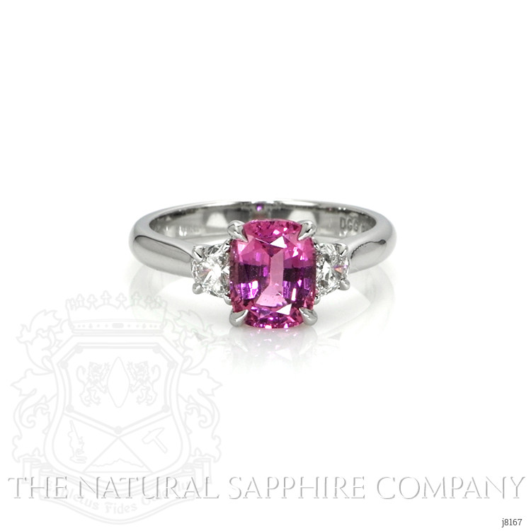 2.22 Ct. Purplish Pink Sapphire and Natural Diamond Three Stone Ring, Platinum 950