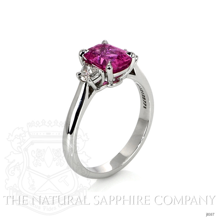 2.22 Ct. Purplish Pink Sapphire and Natural Diamond Three Stone Ring, Platinum 950