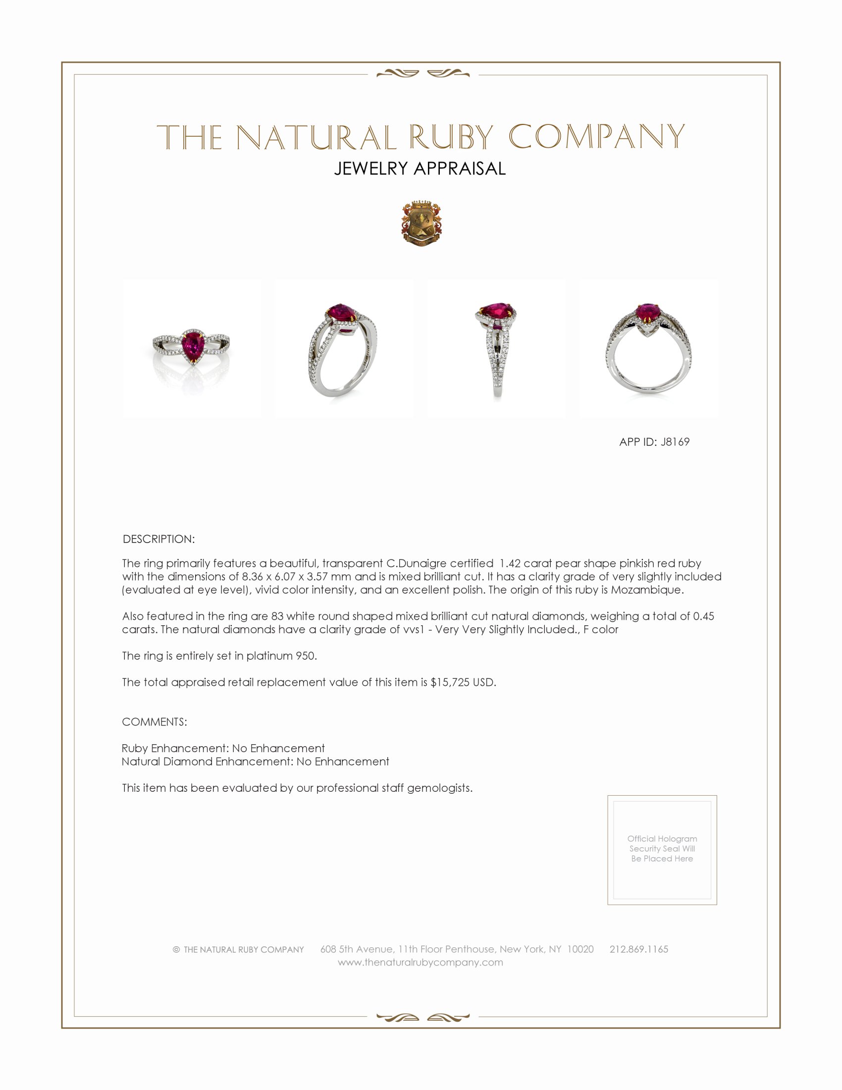 1.42 Ct. Ruby Natural Diamond Pave Ring, Platinum 950