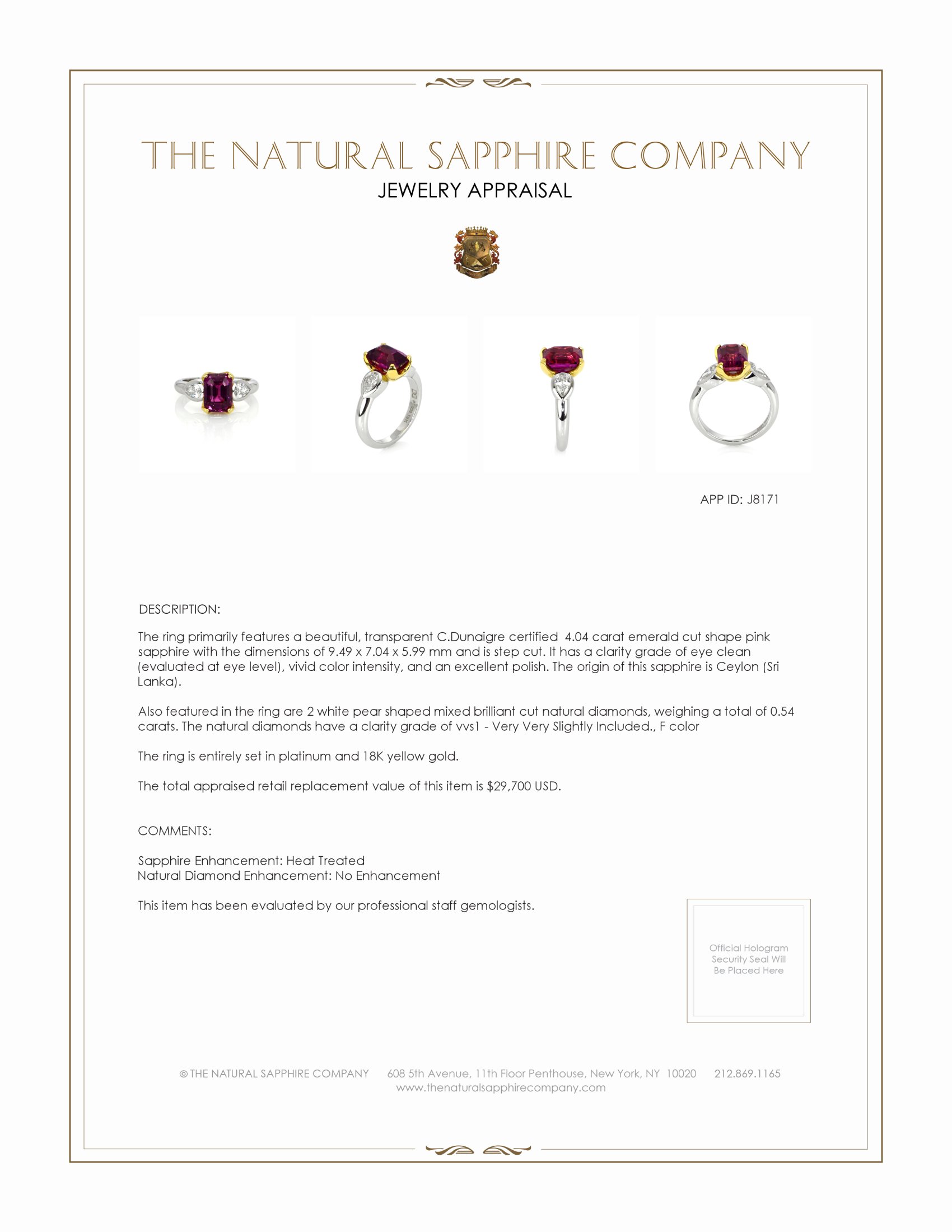 4.04 Ct. Pink Sapphire and Natural Diamond Three Stone Ring, Platinum & 18K Yellow