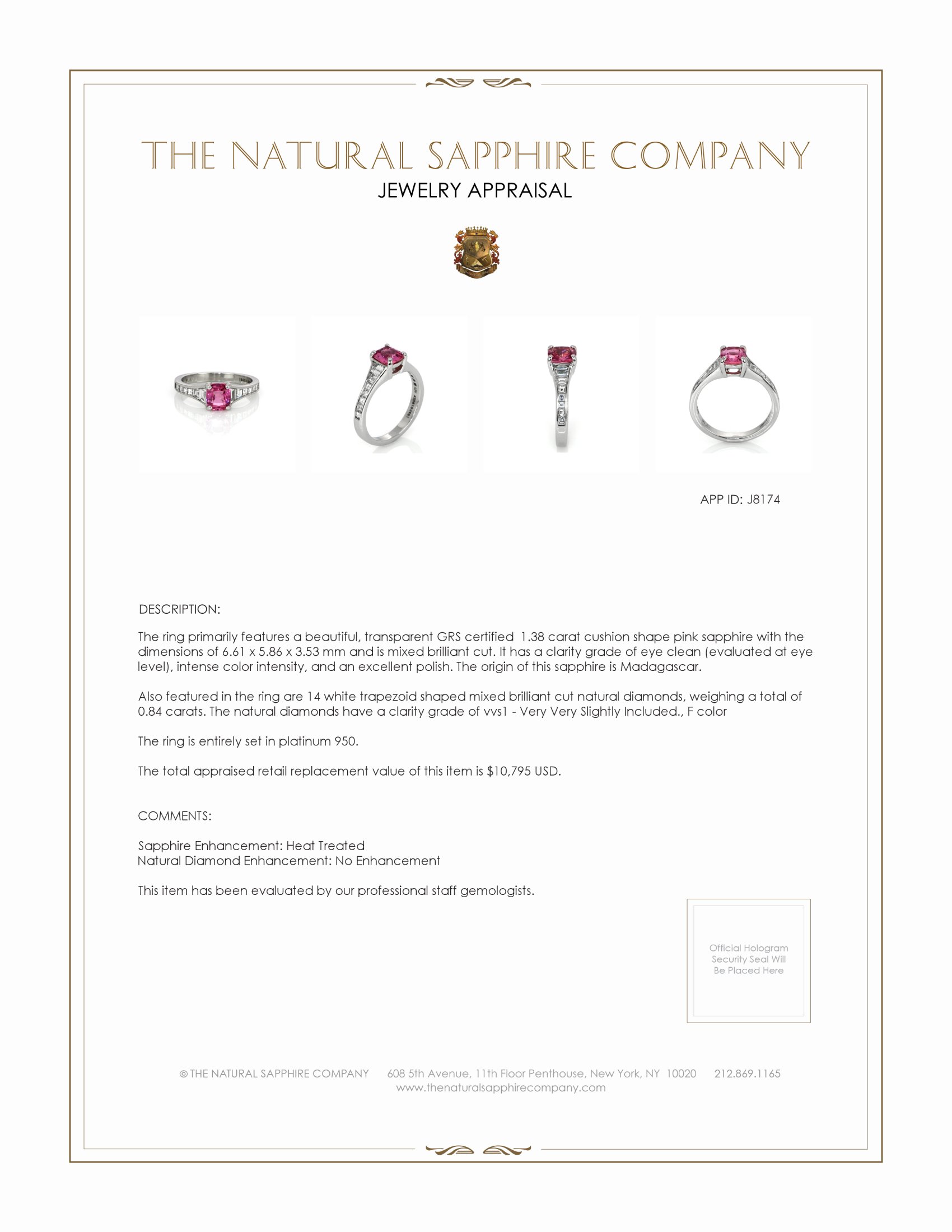 1.38 Ct. Pink Sapphire and Natural Diamond Pave Ring, Platinum 950