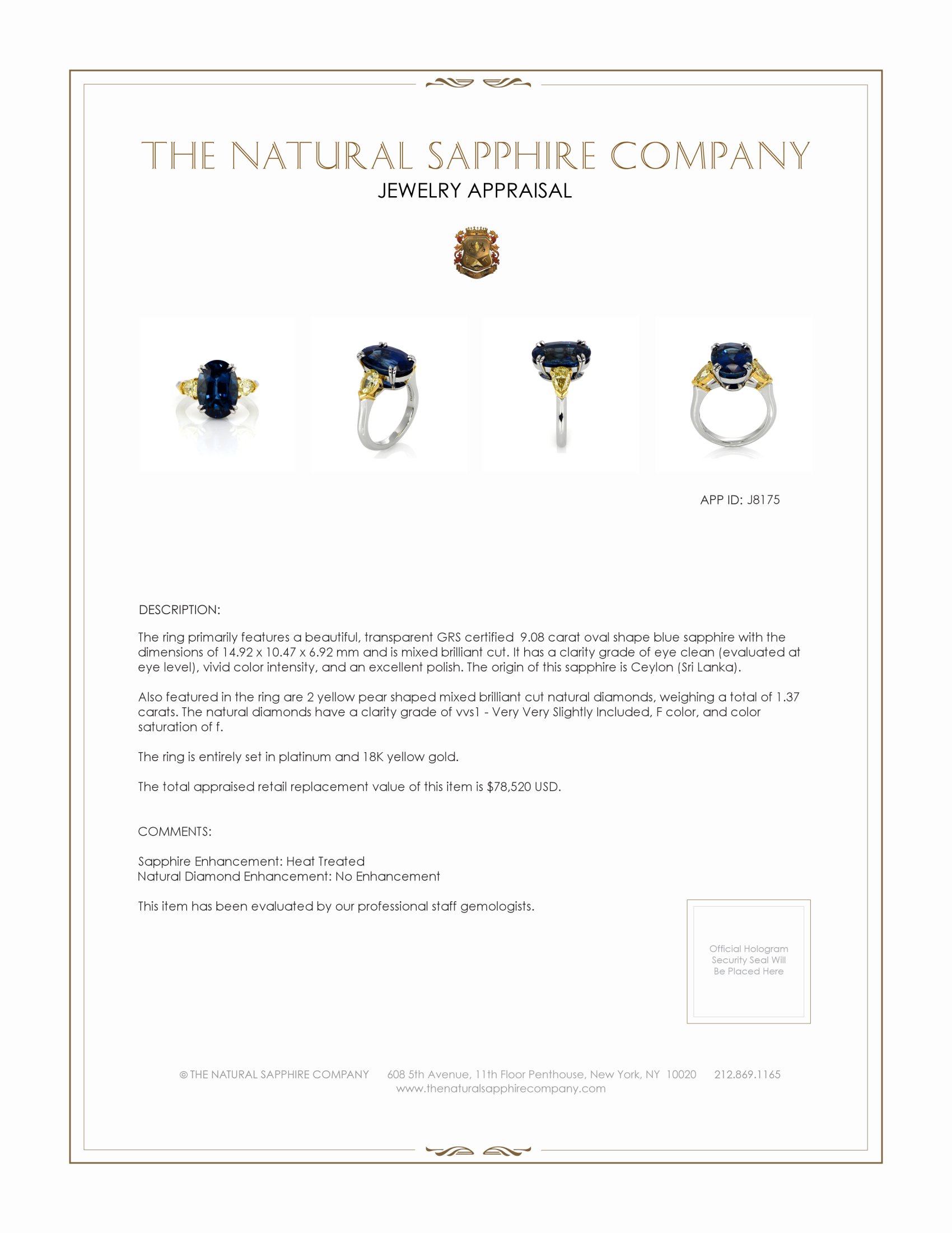 9.08 Ct. Blue Sapphire and Yellow Natural Diamond Three Stone Ring, Platinum & 18K Yellow