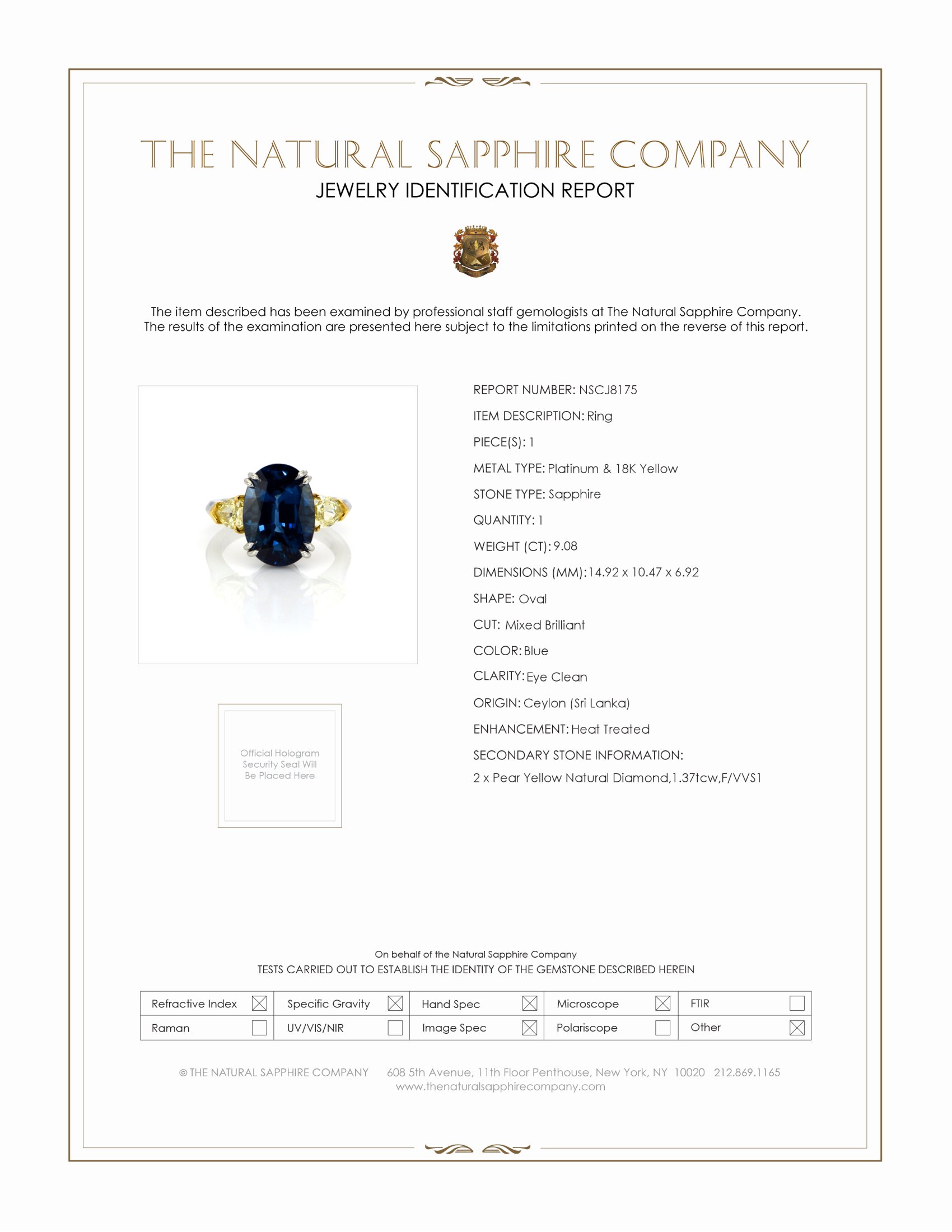 9.08 Ct. Blue Sapphire and Yellow Natural Diamond Three Stone Ring, Platinum & 18K Yellow