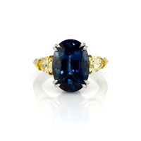 9.08 Ct. Blue Sapphire and Yellow Natural Diamond Three Stone Ring, Platinum & 18K Yellow Video