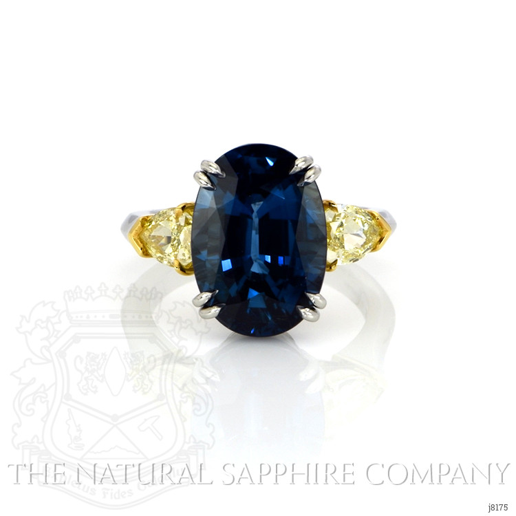 9.08 Ct. Blue Sapphire and Yellow Natural Diamond Three Stone Ring, Platinum & 18K Yellow