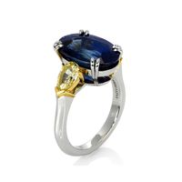 9.08 Ct. Blue Sapphire and Yellow Natural Diamond Three Stone Ring, Platinum & 18K Yellow Image