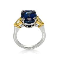 9.08 Ct. Blue Sapphire and Yellow Natural Diamond Three Stone Ring, Platinum & 18K Yellow Image