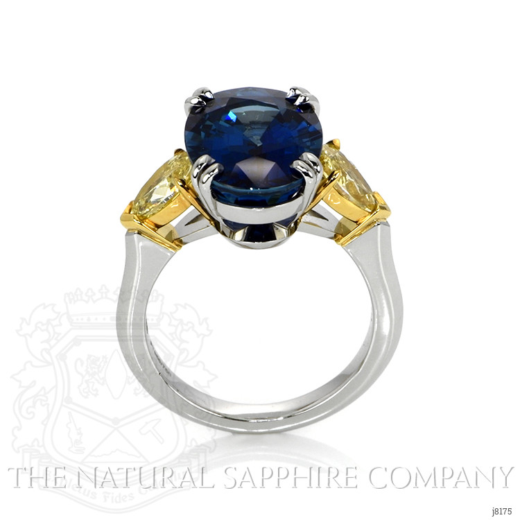 9.08 Ct. Blue Sapphire and Yellow Natural Diamond Three Stone Ring, Platinum & 18K Yellow