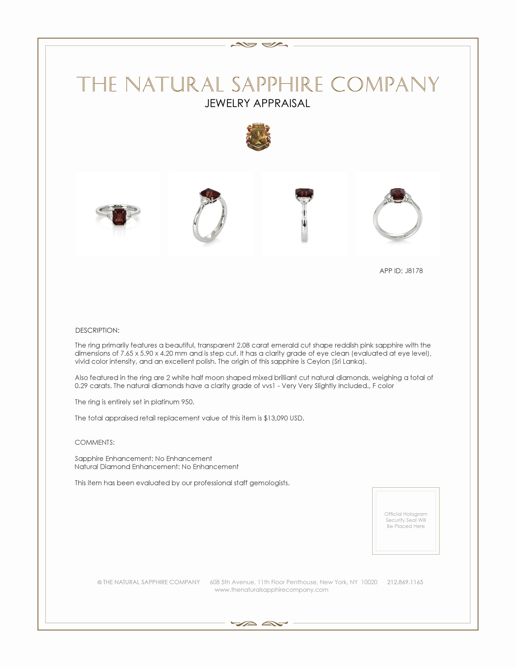 2.08 Ct. Reddish Pink Sapphire and Natural Diamond Three Stone Ring, Platinum 950