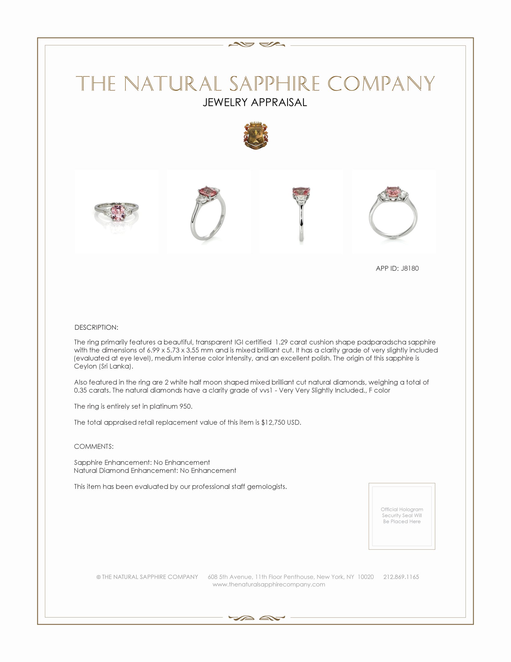 1.29 Ct. Padparadscha Sapphire and Natural Diamond Three Stone Ring, Platinum 950