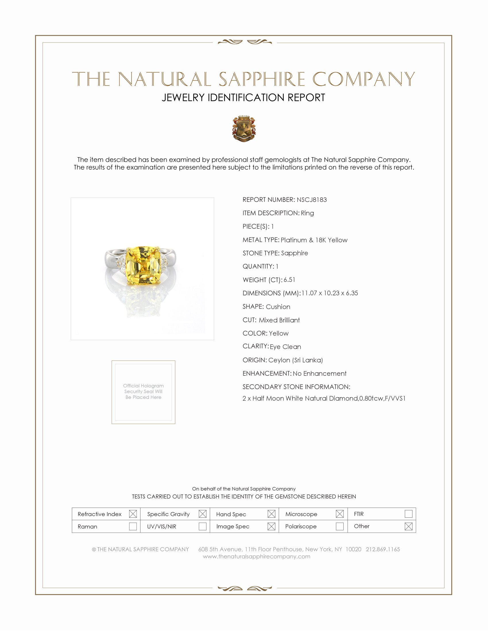6.51 Ct. Yellow Sapphire and Natural Diamond Three Stone Ring, Platinum & 18K Yellow