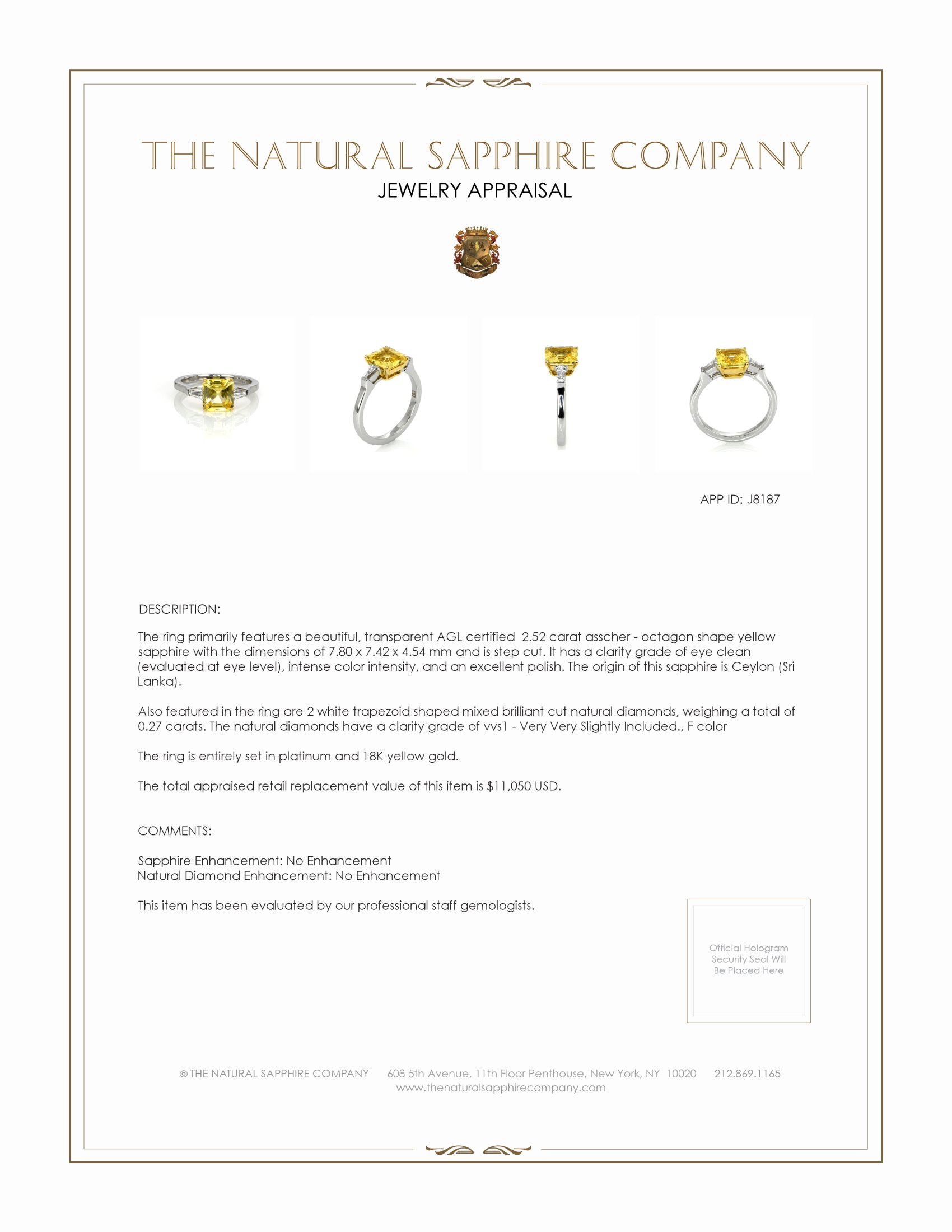 2.52 Ct. Yellow Sapphire and Natural Diamond Three Stone Ring, Platinum & 18K Yellow