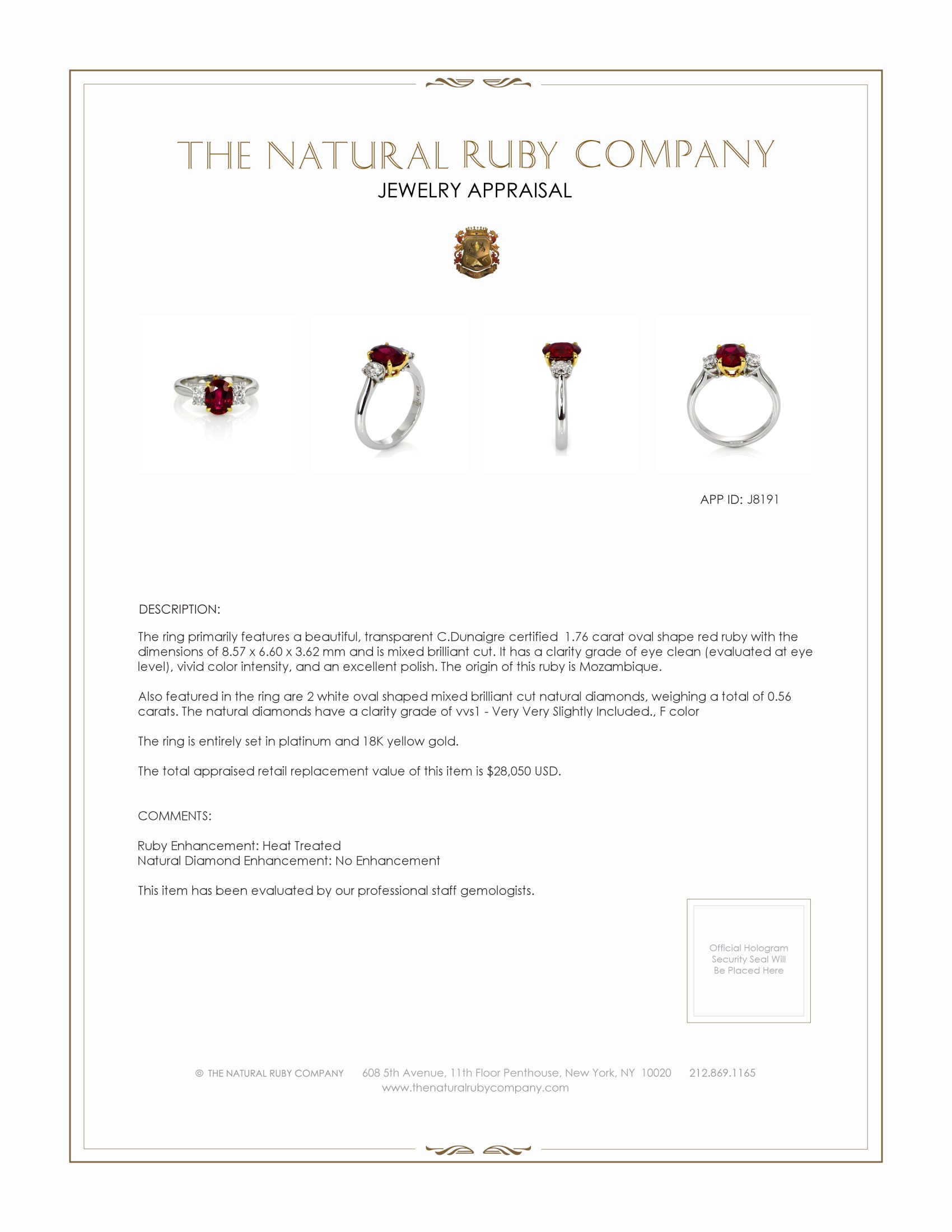 1.76 Ct. Ruby Natural Diamond Three Stone Ring, Platinum & 18K Yellow