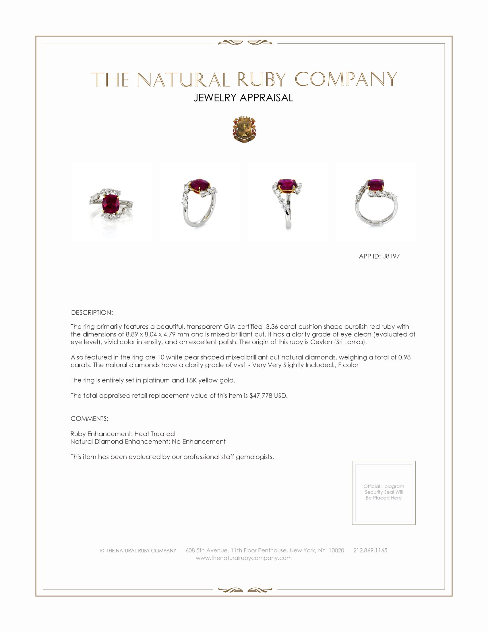 3.36 Ct. Ruby Natural Diamond Antique Style Ring, Platinum & 18K Yellow