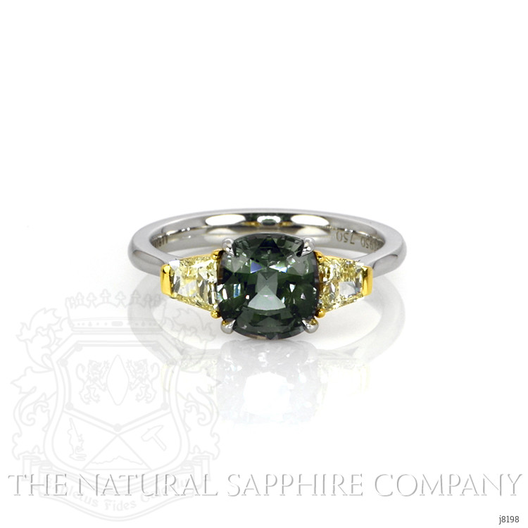 2.44 Ct. Green Sapphire and Yellow Natural Diamond Three Stone Ring, Platinum & 18K Yellow