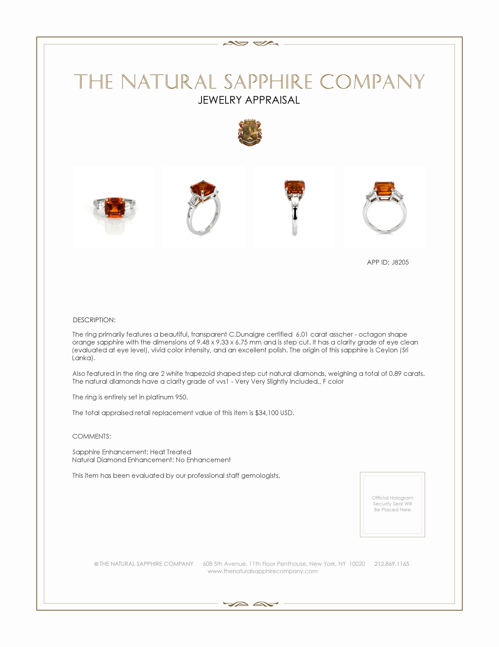 6.01 Ct. Orange Sapphire and Natural Diamond Three Stone Ring, Platinum 950