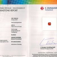 6.01 Ct. Orange Sapphire and Natural Diamond Three Stone Ring, Platinum 950 Scan Report