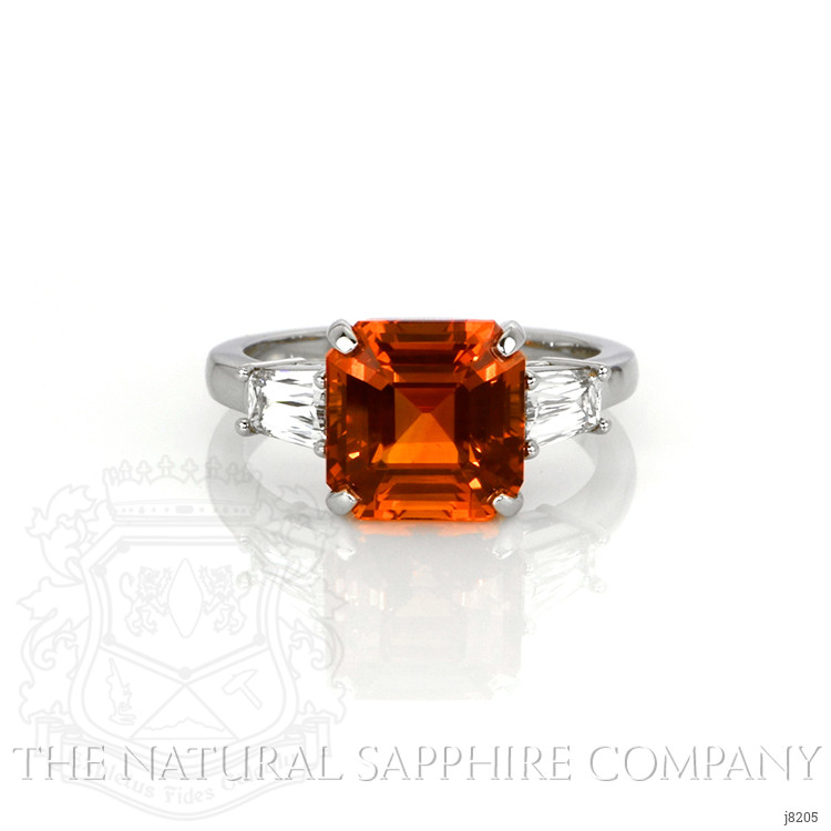 6.01 Ct. Orange Sapphire and Natural Diamond Three Stone Ring, Platinum 950