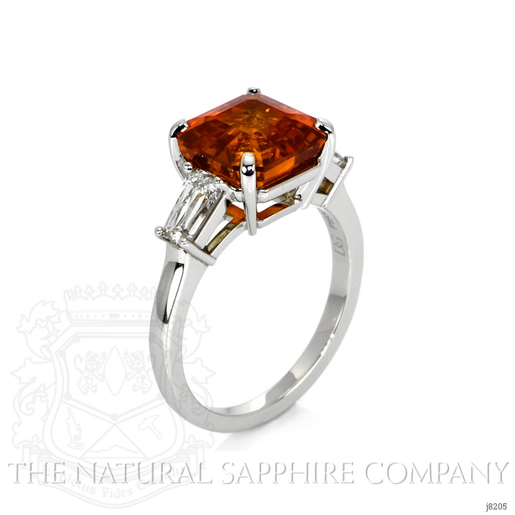 6.01 Ct. Orange Sapphire and Natural Diamond Three Stone Ring, Platinum 950