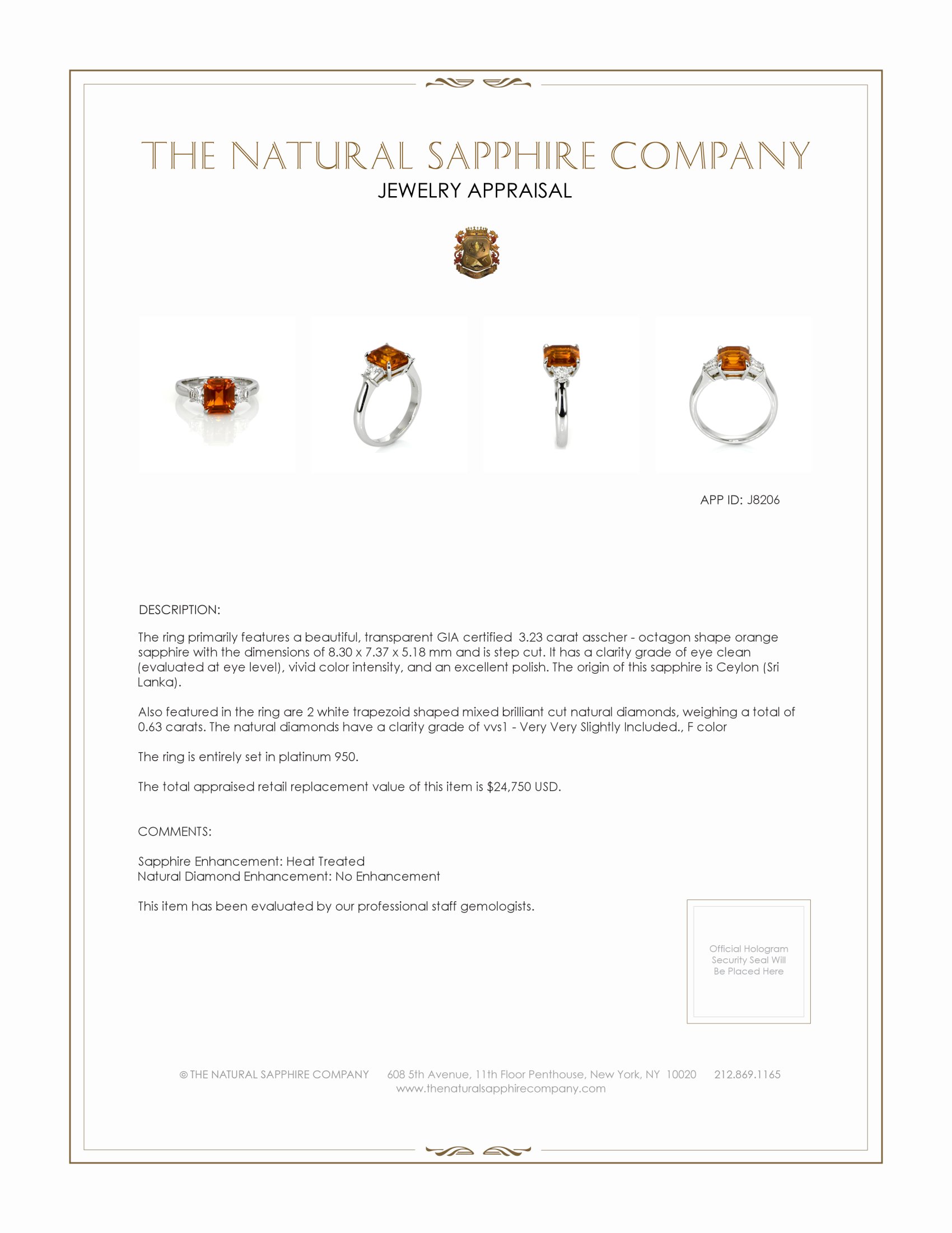 3.23 Ct. Orange Sapphire and Natural Diamond Three Stone Ring, Platinum 950