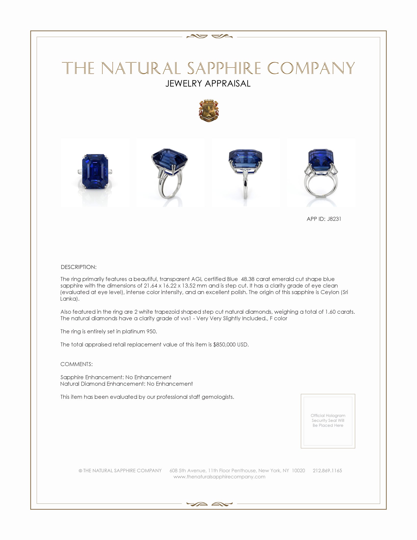 48.38 Ct. Blue Sapphire and Natural Diamond Three Stone Ring, Platinum 950