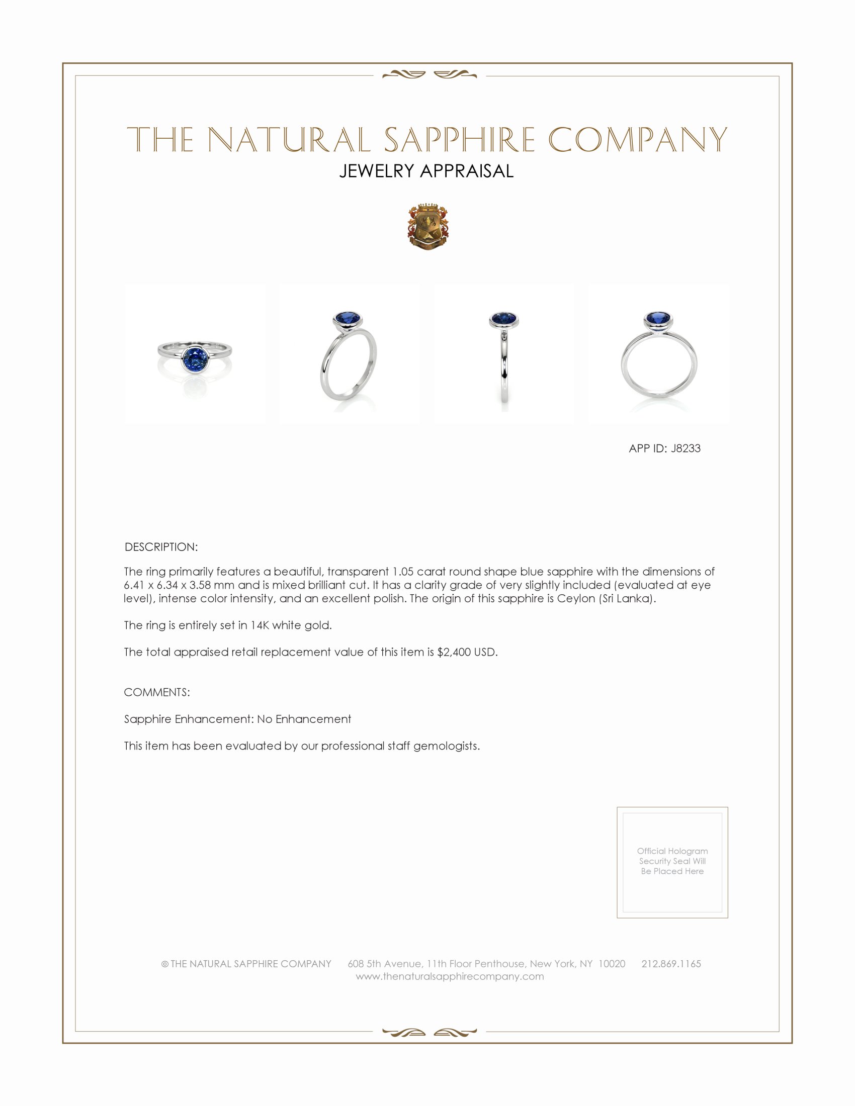 1.05 Ct. Blue Sapphire Bezel Ring, 14K White Gold