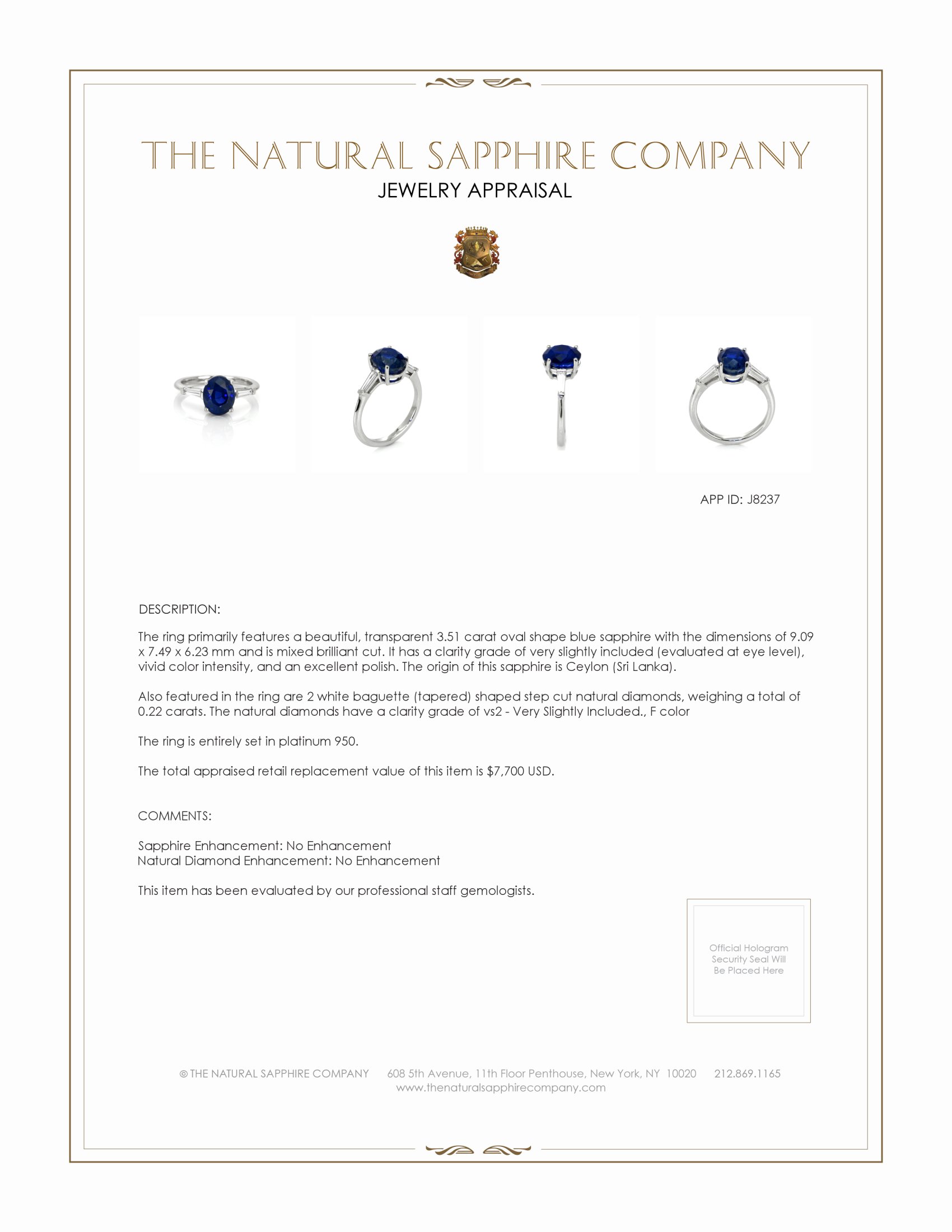 3.51 Ct. Blue Sapphire and Natural Diamond Three Stone Ring, Platinum 950