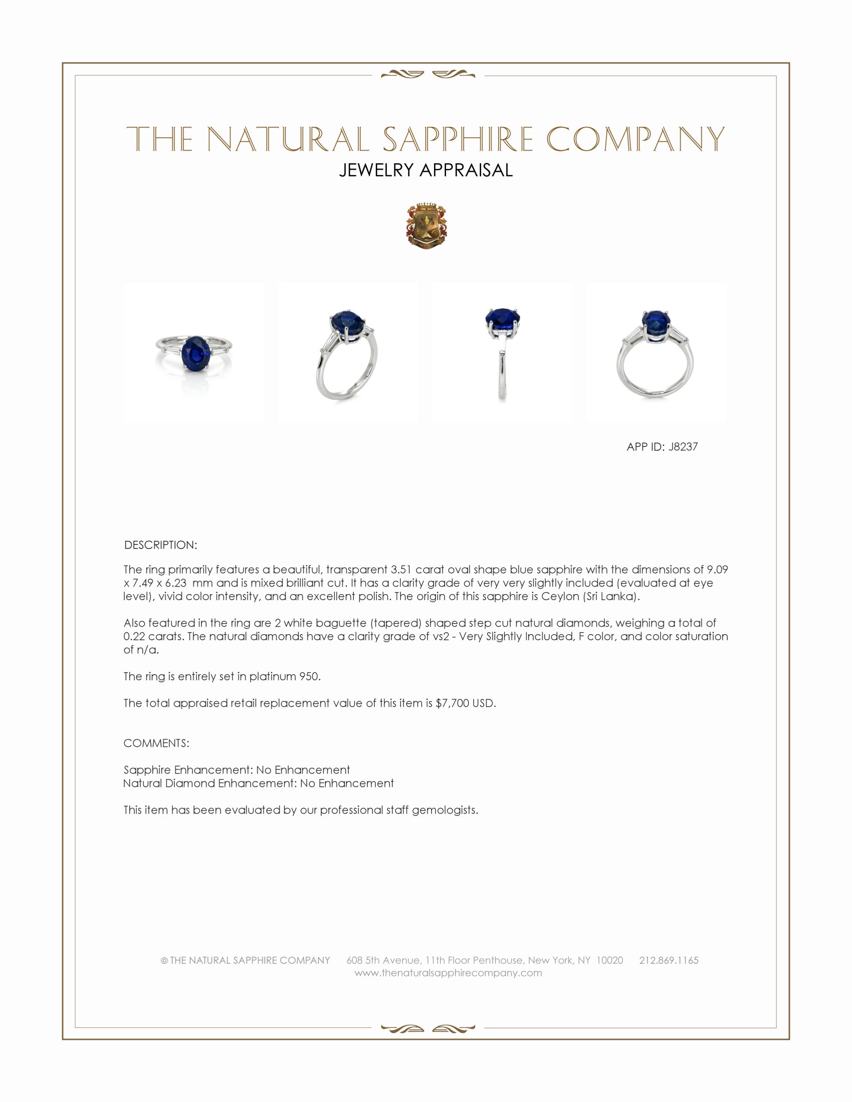 3.51 Ct. Blue Sapphire and Natural Diamond Three Stone Ring, Platinum 950
