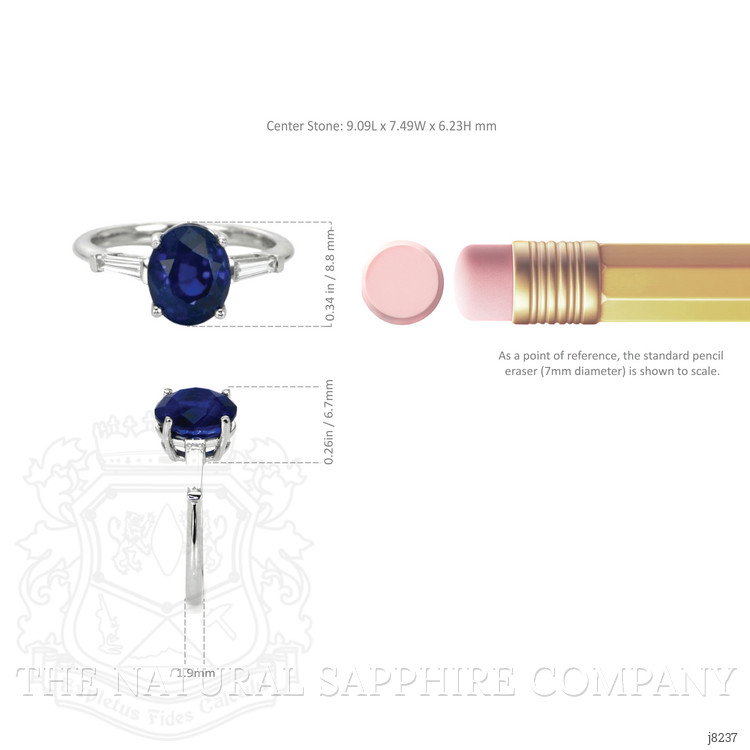 3.51 Ct. Blue Sapphire and Natural Diamond Three Stone Ring, Platinum 950