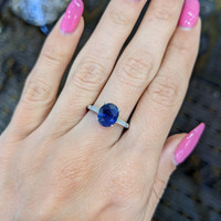 3.51 Ct. Blue Sapphire and Natural Diamond Three Stone Ring, Platinum 950 Life Style