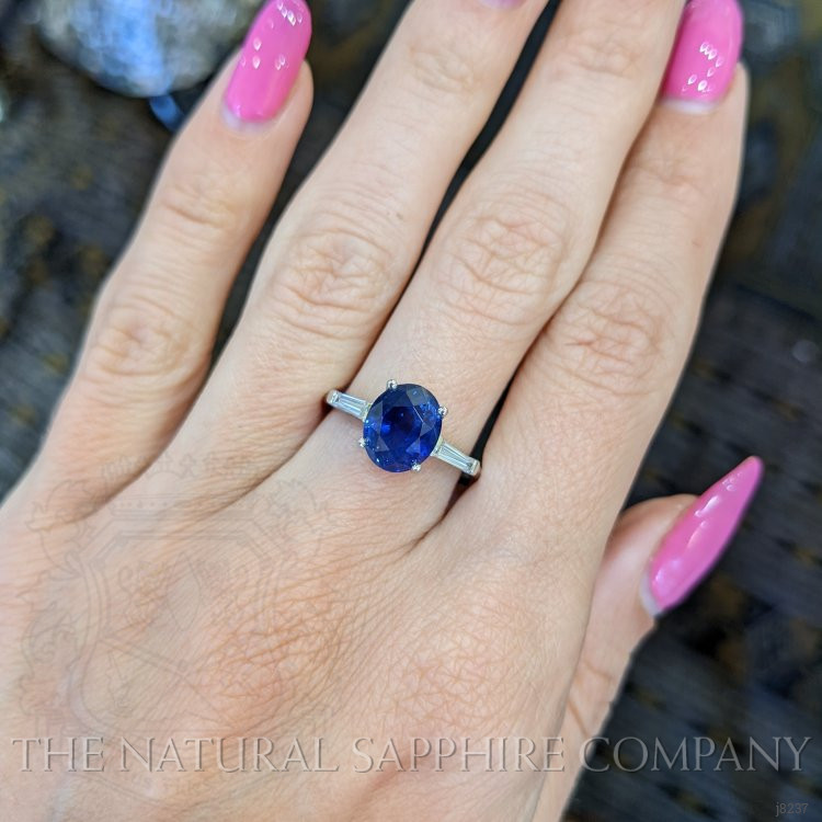 3.51 Ct. Blue Sapphire and Natural Diamond Three Stone Ring, Platinum 950