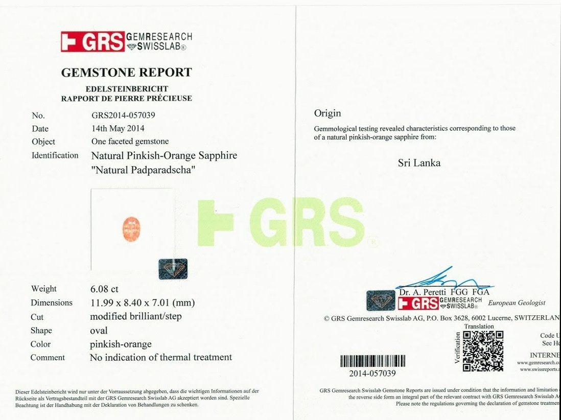 6.08 Ct. Padparadscha Sapphire and Natural Diamond Three Stone Ring, Platinum 950