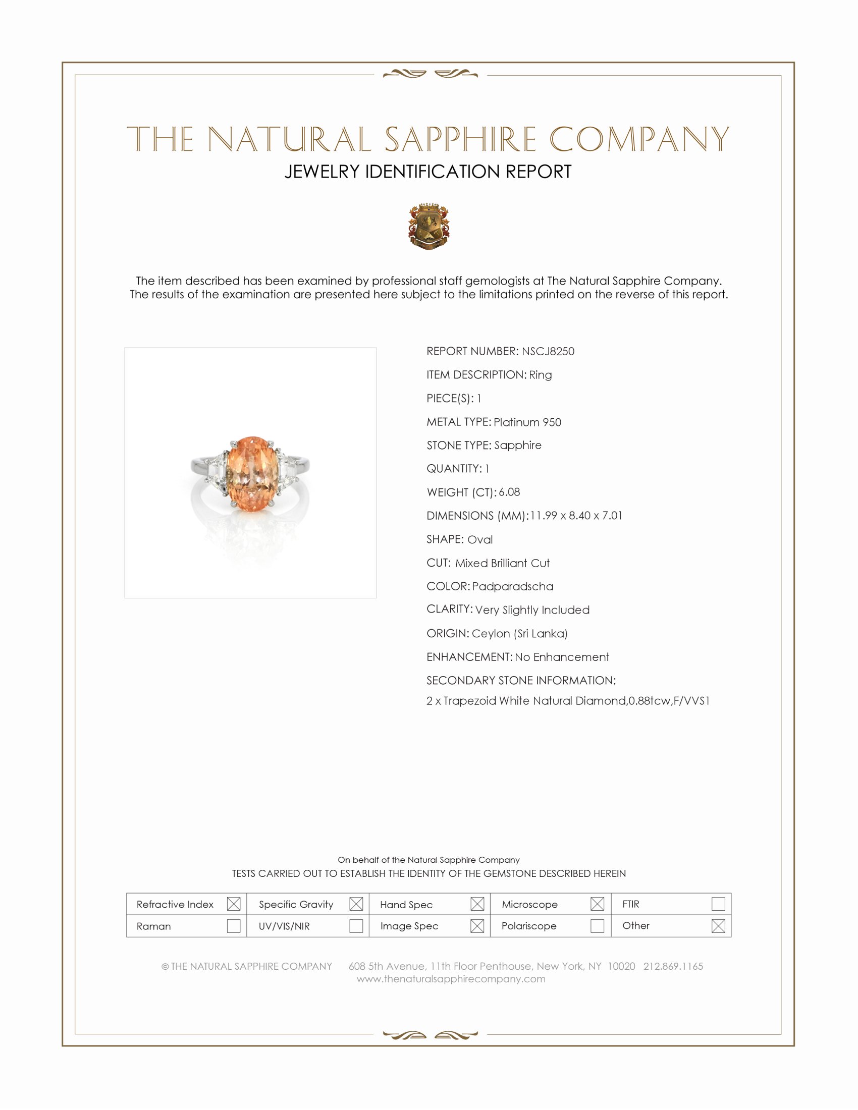 6.08 Ct. Padparadscha Sapphire and Natural Diamond Three Stone Ring, Platinum 950