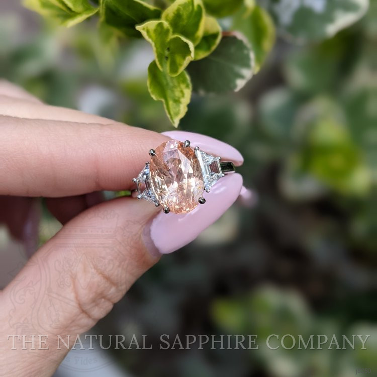 6.08 Ct. Padparadscha Sapphire and Natural Diamond Three Stone Ring, Platinum 950