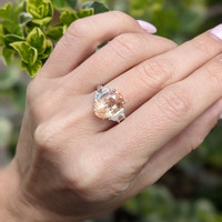 6.08 Ct. Padparadscha Sapphire and Natural Diamond Three Stone Ring, Platinum 950 Life Style