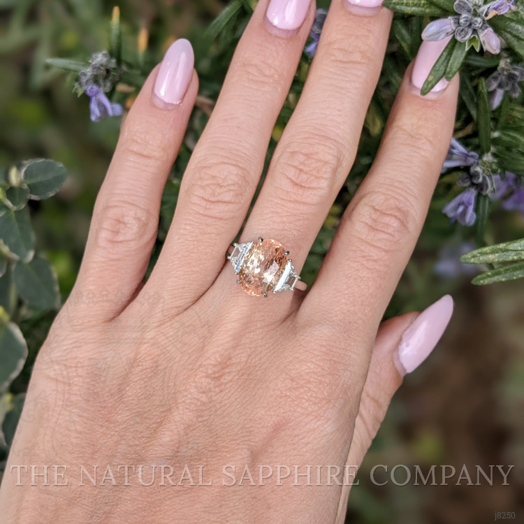 6.08 Ct. Padparadscha Sapphire and Natural Diamond Three Stone Ring, Platinum 950