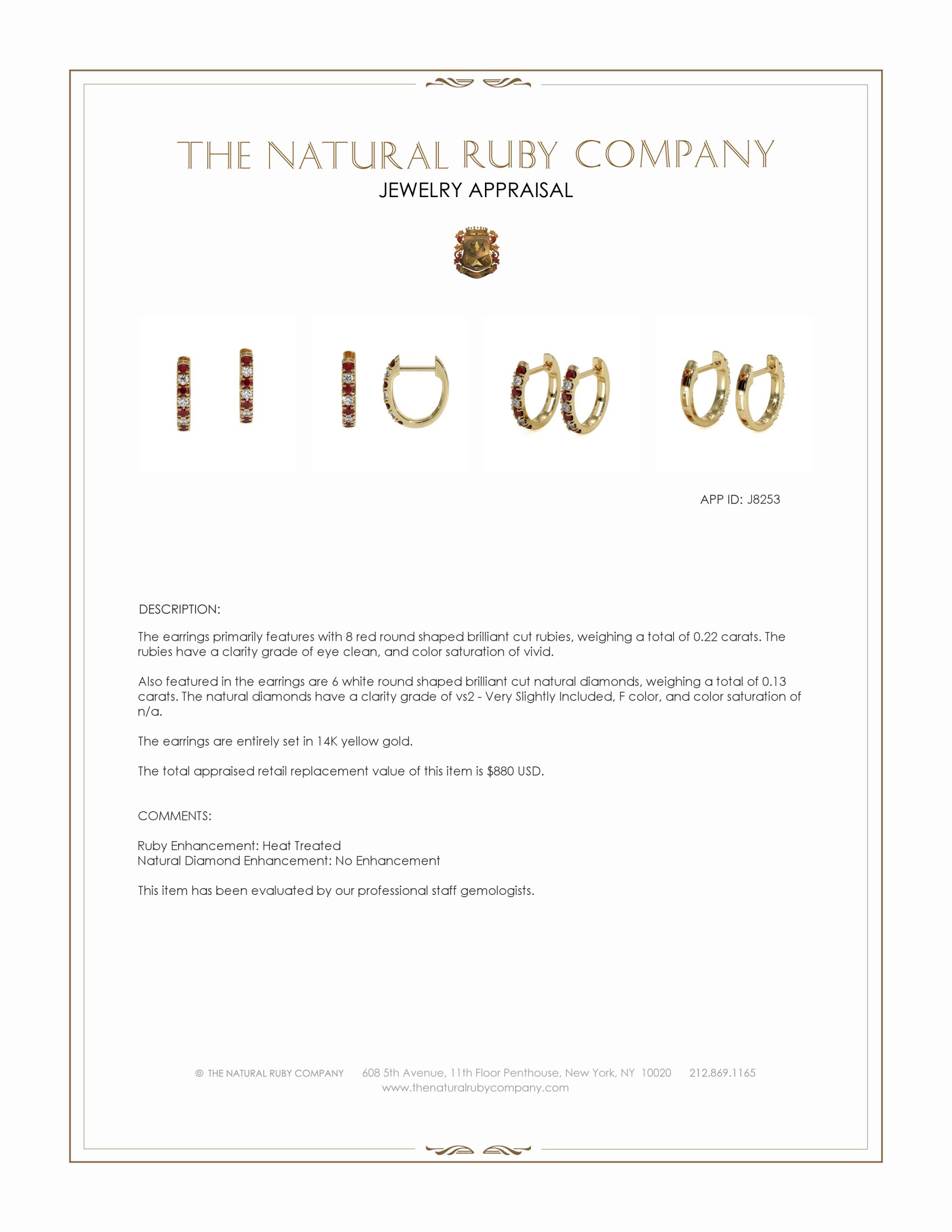 0.22 Ct.Tw. Ruby and Natural Diamond Hoops Earrings, 14K Yellow Gold