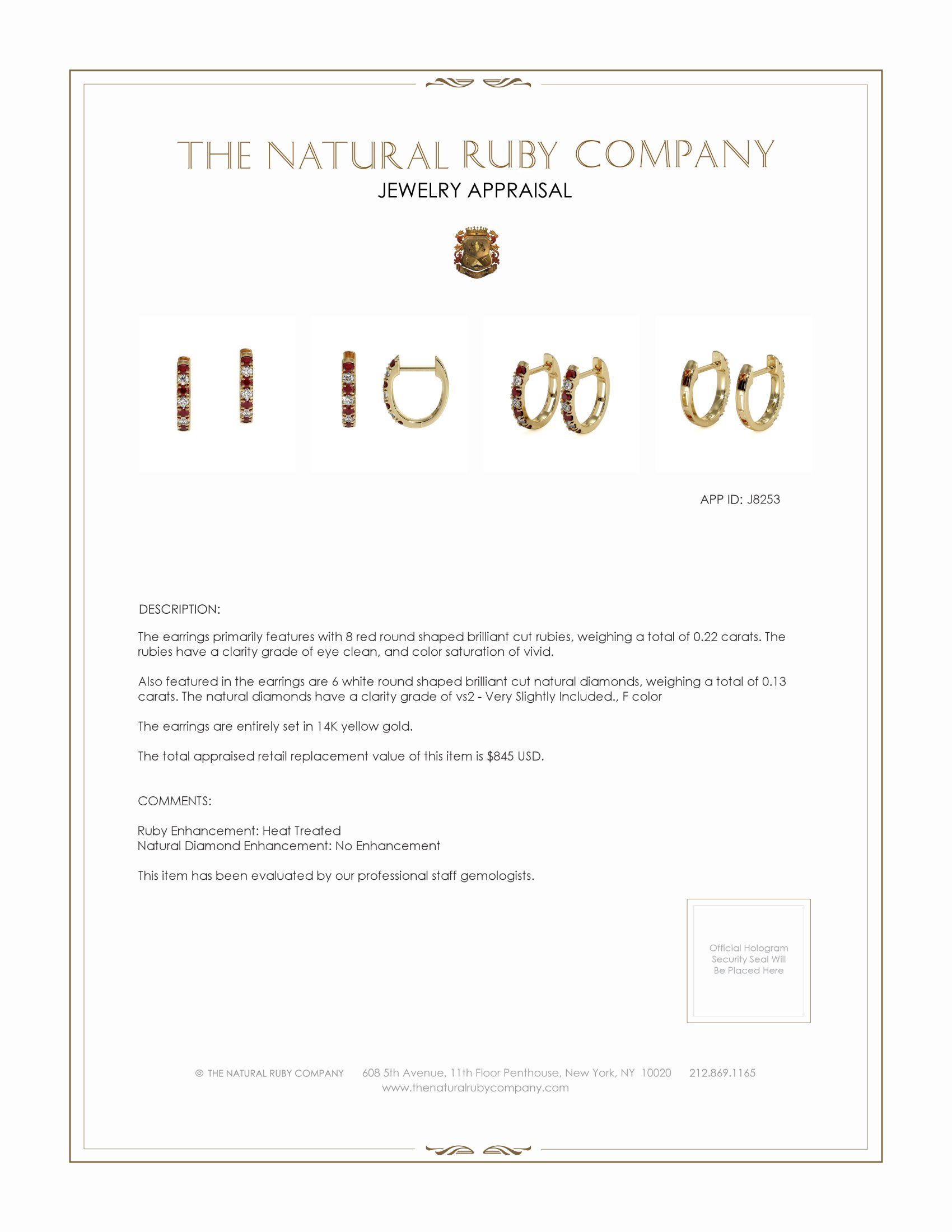 0.22 Ct.Tw. Ruby Natural Diamond Hoops Earrings, 14K Yellow Gold