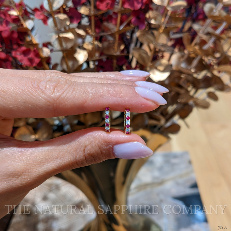 0.22 Ct.Tw. Ruby and Natural Diamond Hoops Earrings, 14K Yellow Gold