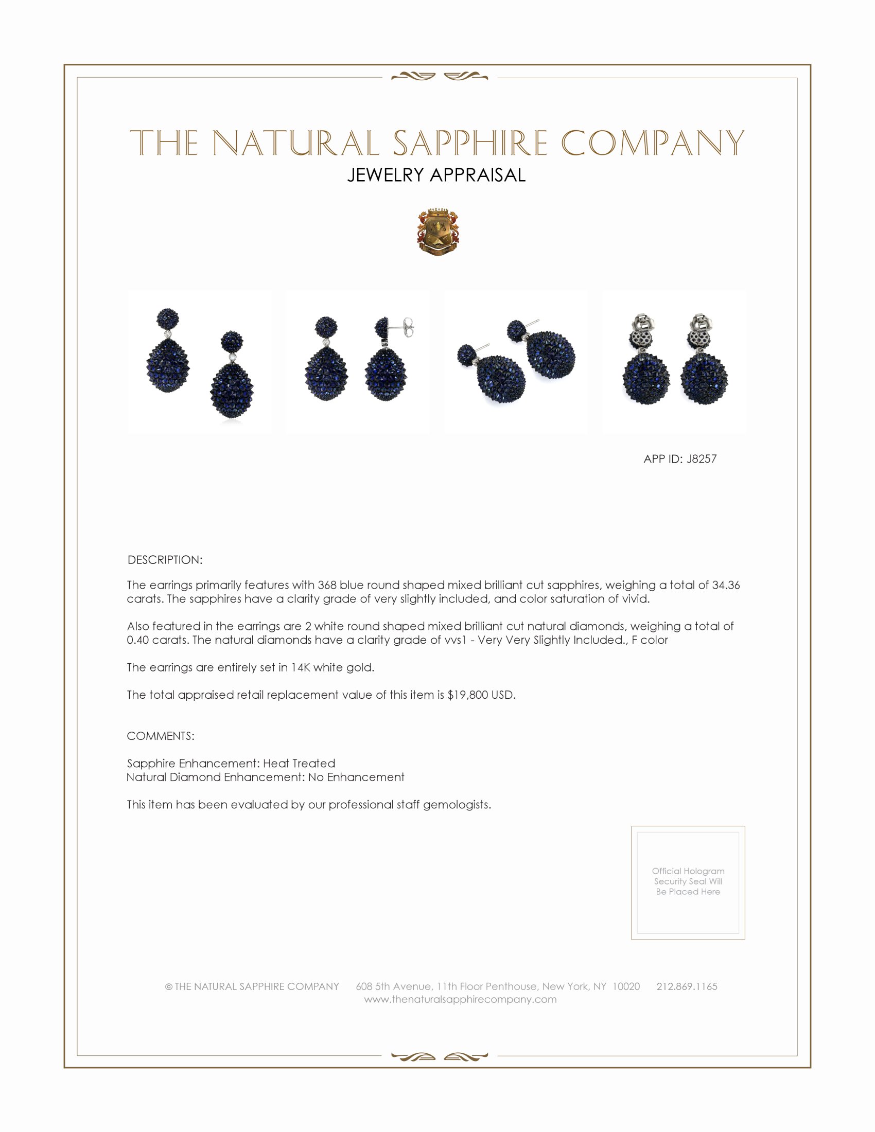 34.36 Ct.Tw. Blue Sapphire and Natural Diamond Accent Stones Earrings, 14K White Gold