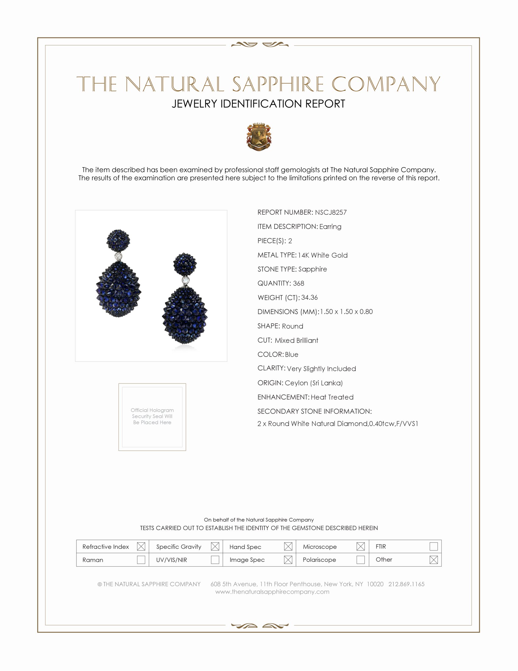34.36 Ct.Tw. Blue Sapphire and Natural Diamond Accent Stones Earrings, 14K White Gold