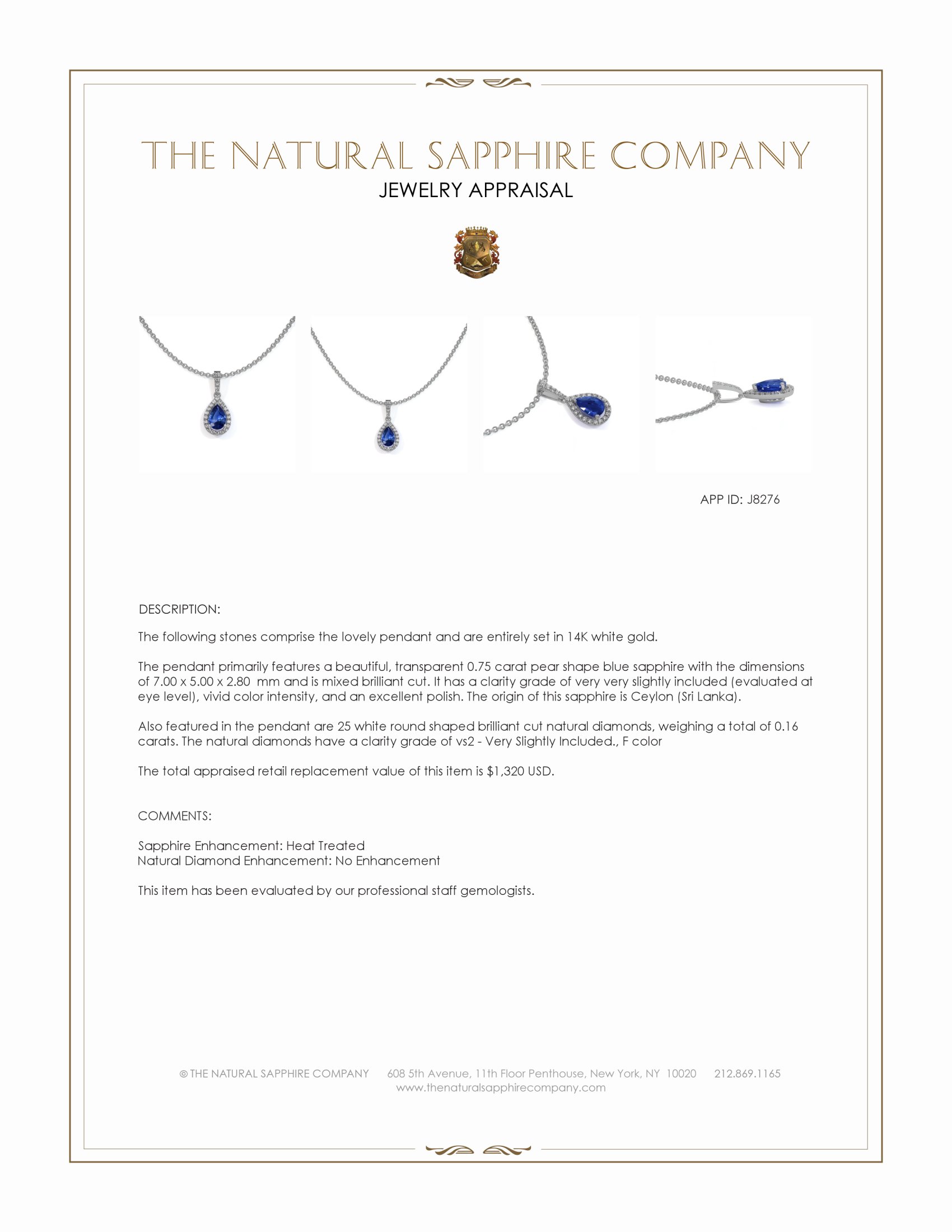 0.75 Ct. Blue Sapphire and Natural Diamond Pave Pendant, 14K White Gold