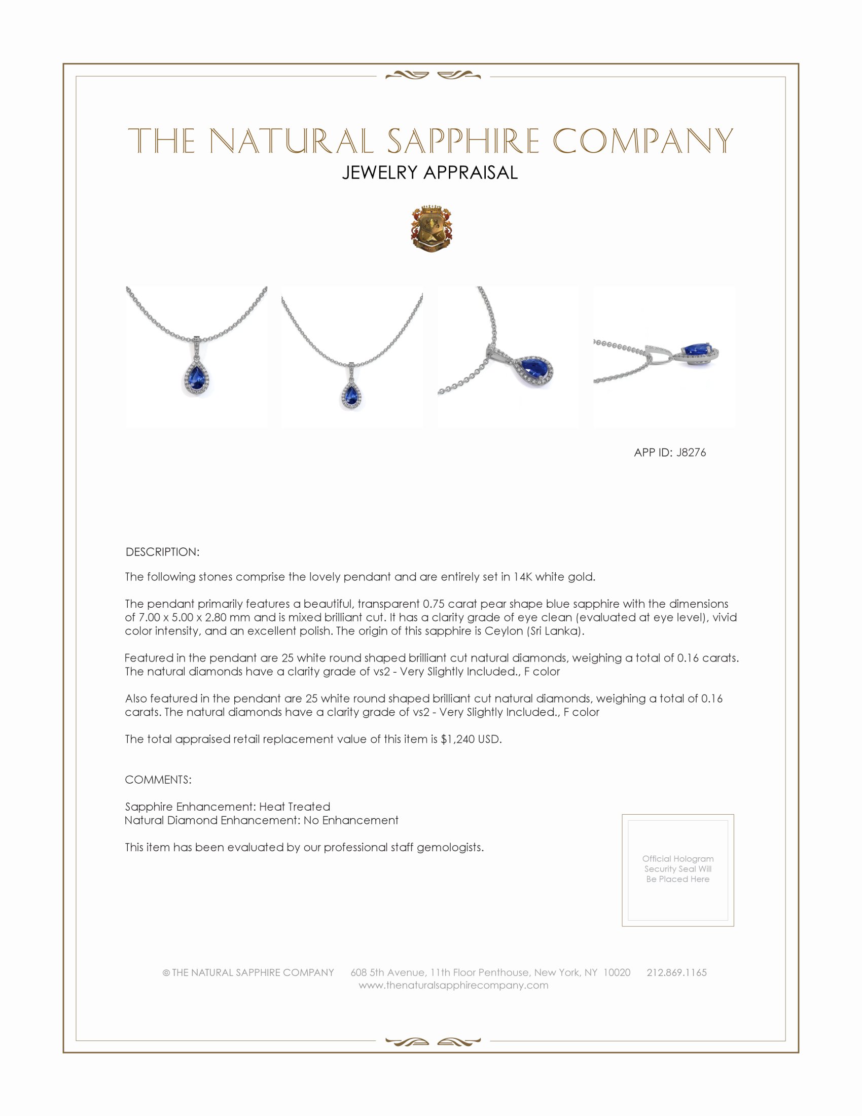 0.75 Ct. Blue Sapphire and Natural Diamond Pave Pendant, 14K White Gold