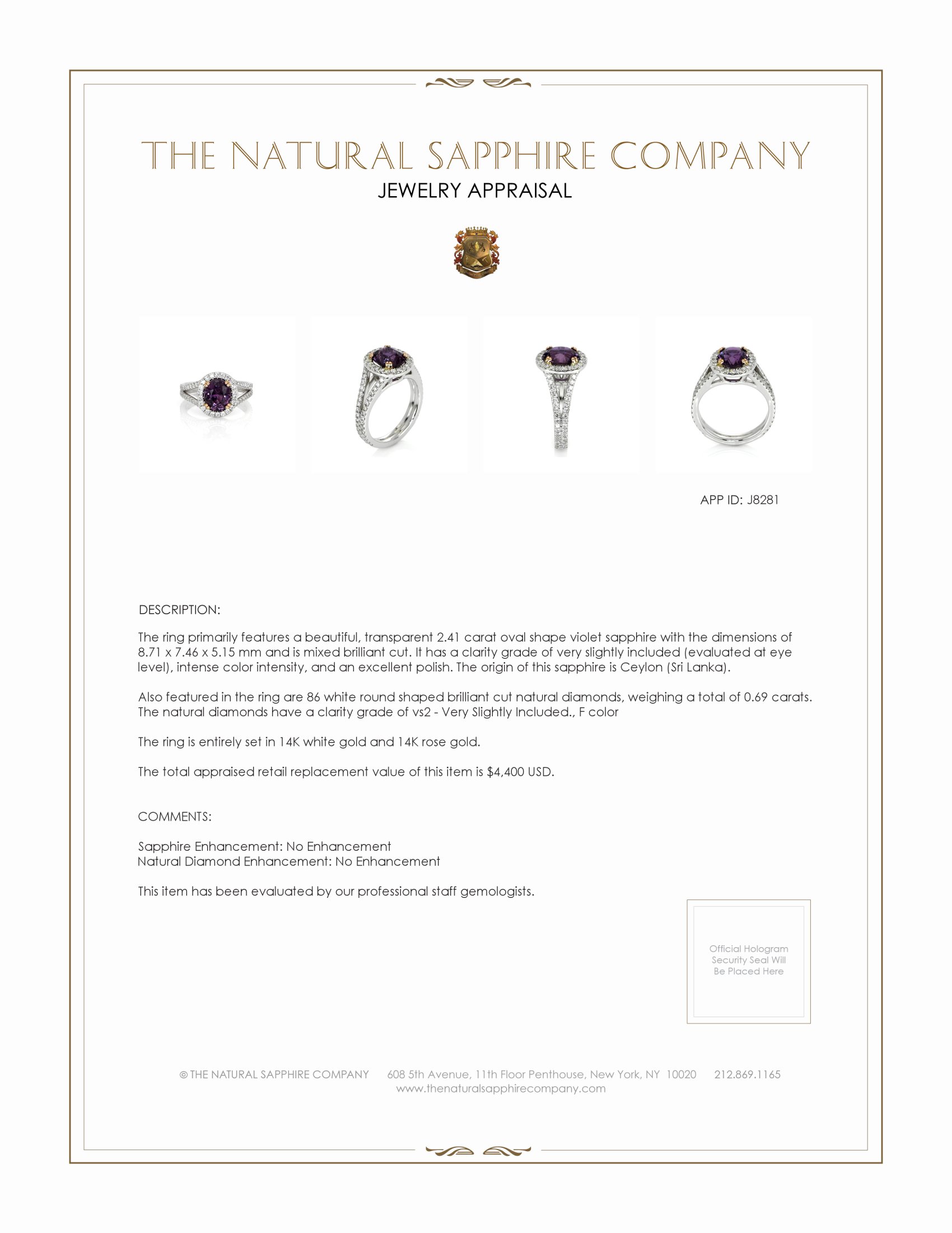 2.41 Ct. Violet Sapphire and Natural Diamond Pave Ring, 14K White & Rose