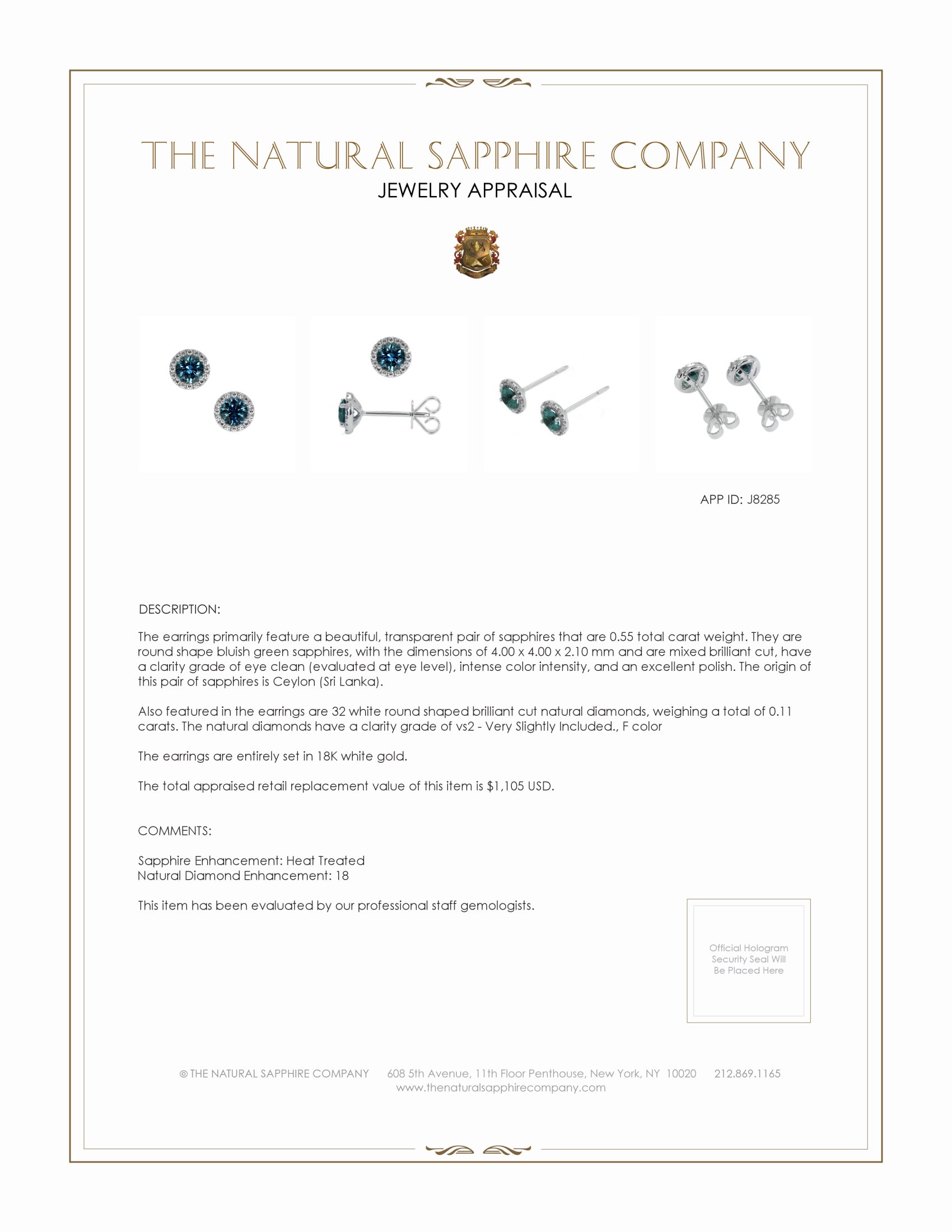 0.55 Ct.Tw. Bluish Green Sapphire and Natural Diamond Pave Earrings, 18K White Gold